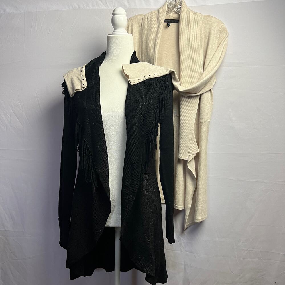Y2K White House Black Market 2 Cardigans S Black Metallic Fringe + Cream Luxe